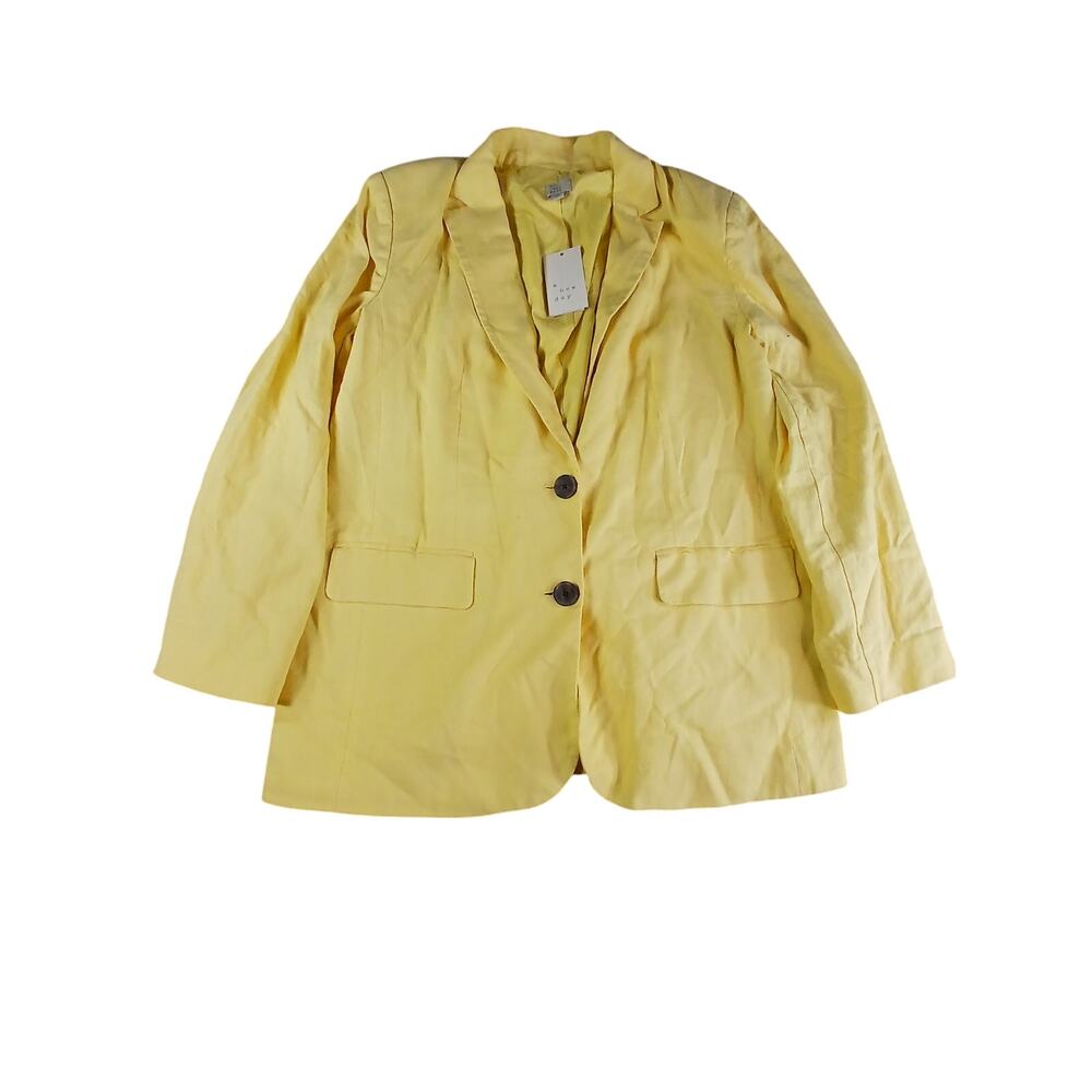 A New Day Blazer Womens Medium Yellow Linen Jacket Business Long Sleeve NWT